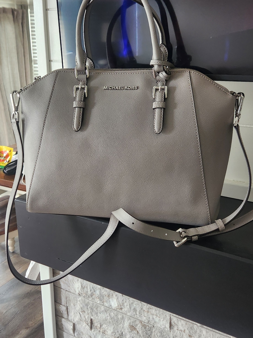 Michael Kors Gray Saffiano Leather Large Satchel With Crossbody Strap